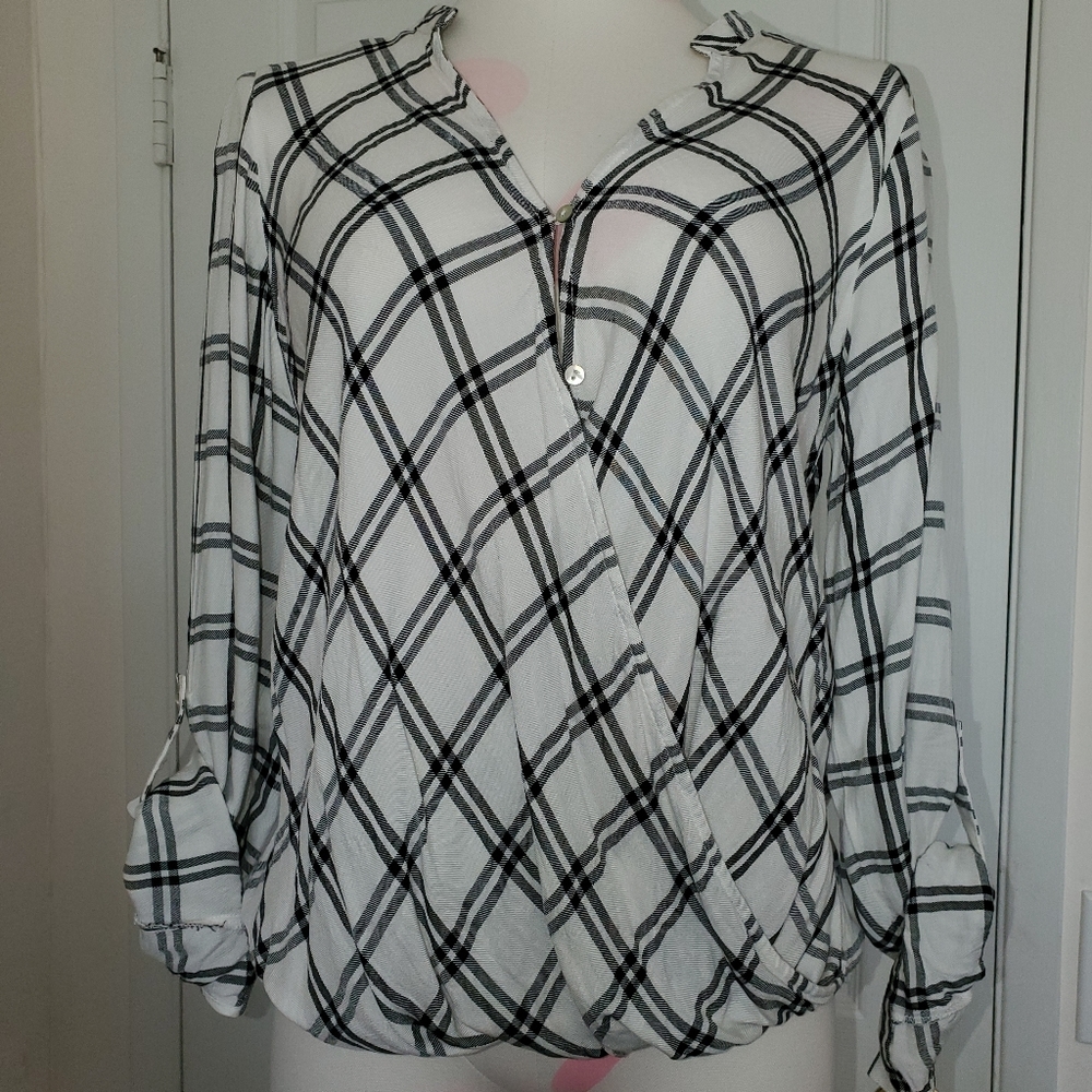 Be Cool long sleeve V neck front draped wrap twist blouse